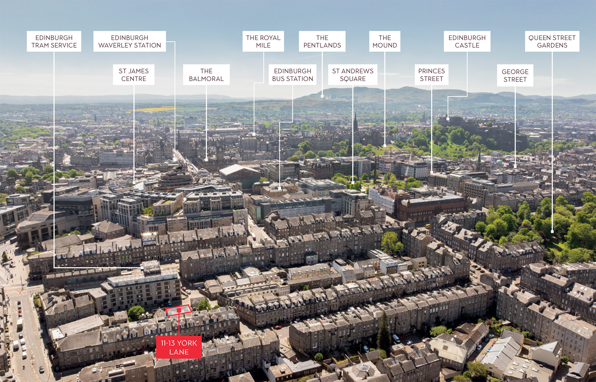 Aerial photograph of Edinburgh with 11-13 York Lane highlighted